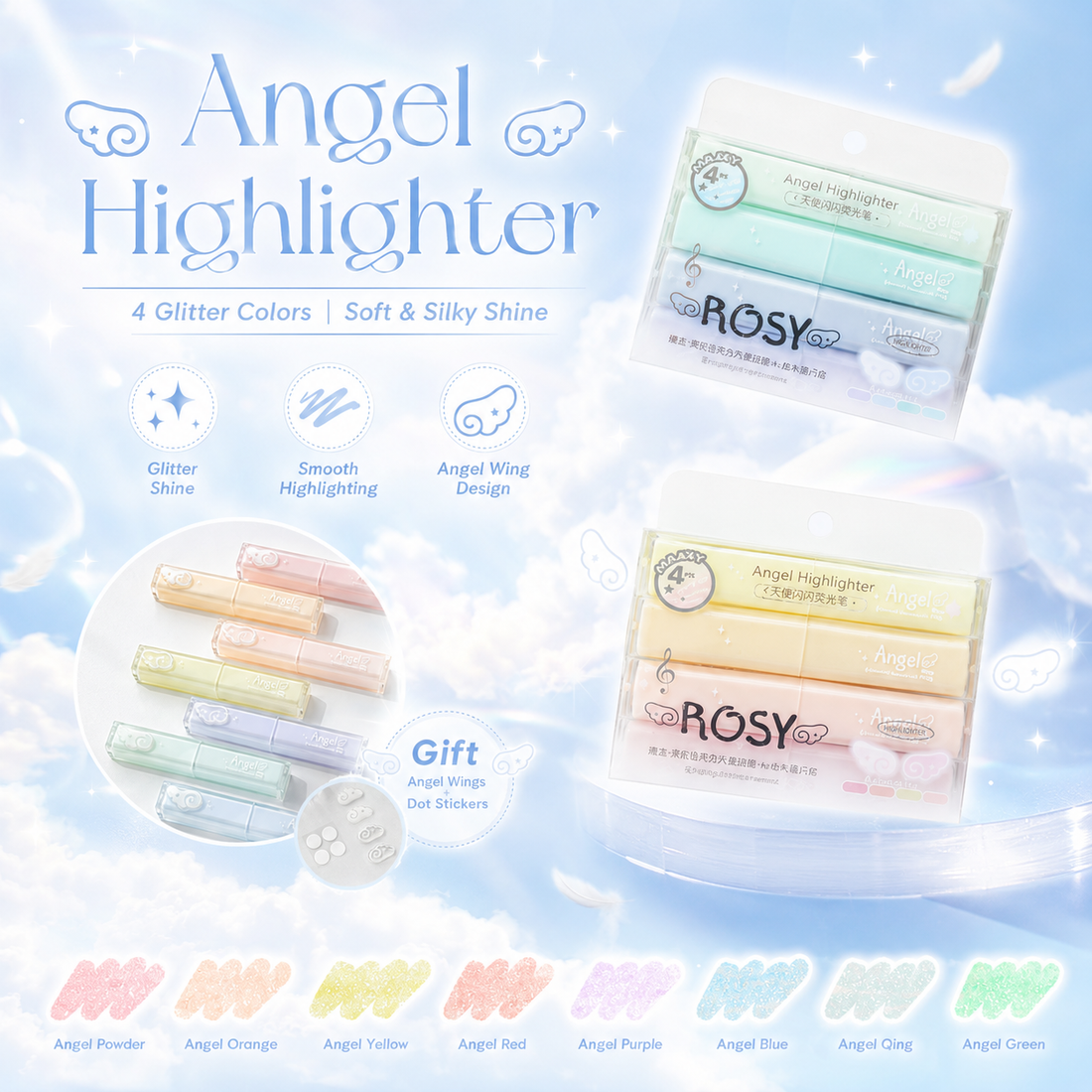 ROSYPOSY Angelic Shimmer Pastel Highlighter Set by ROSYPOSY - aesthetic stationery and journaling supplies at Lumiyear