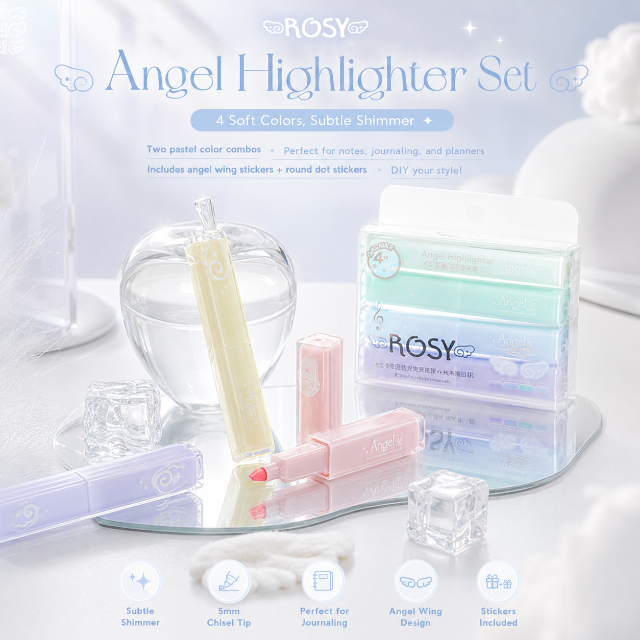 ROSYPOSY Angelic Shimmer Pastel Highlighter Set by ROSYPOSY - aesthetic stationery and journaling supplies at Lumiyear