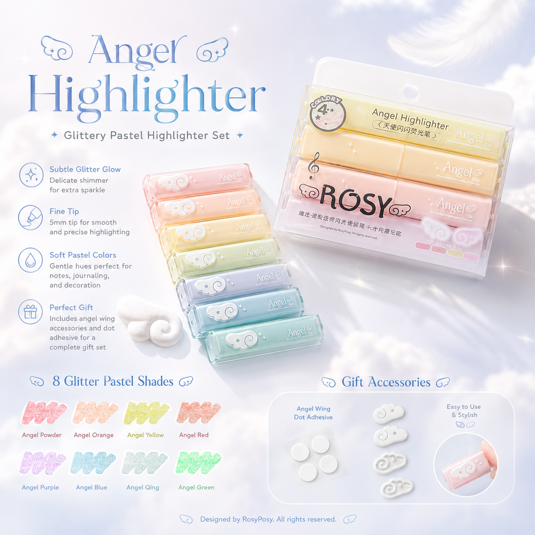 ROSYPOSY Angelic Shimmer Pastel Highlighter Set by ROSYPOSY - aesthetic stationery and journaling supplies at Lumiyear