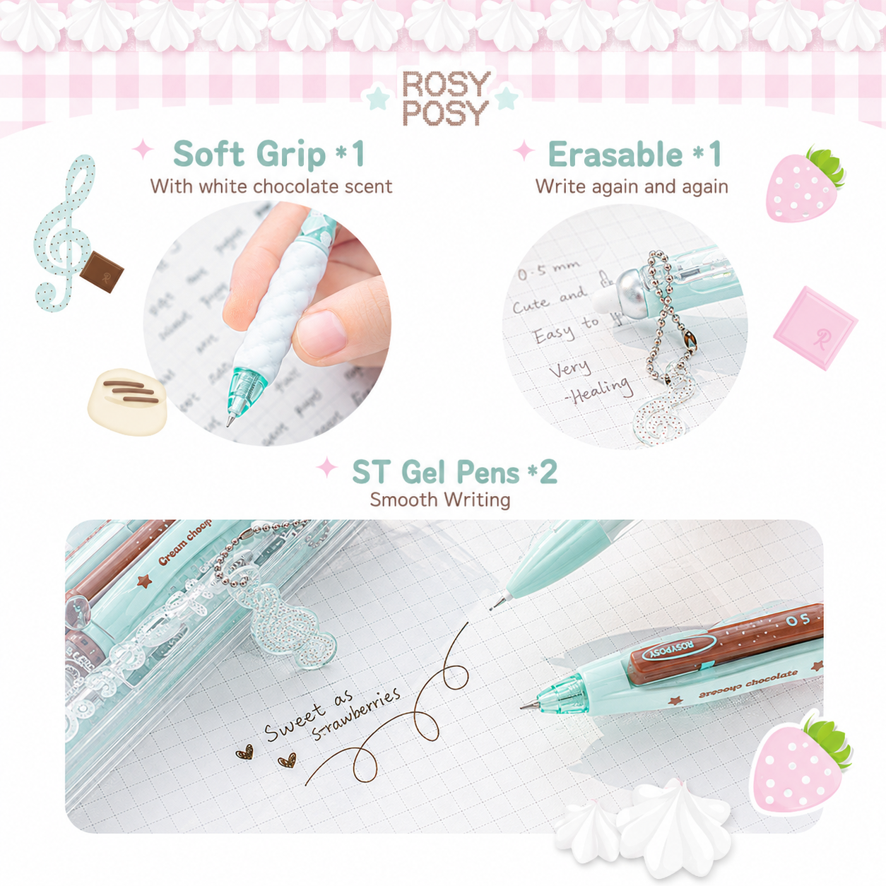 ROSYPOSY Strawberry Chocolate Melody Gel Pen Set