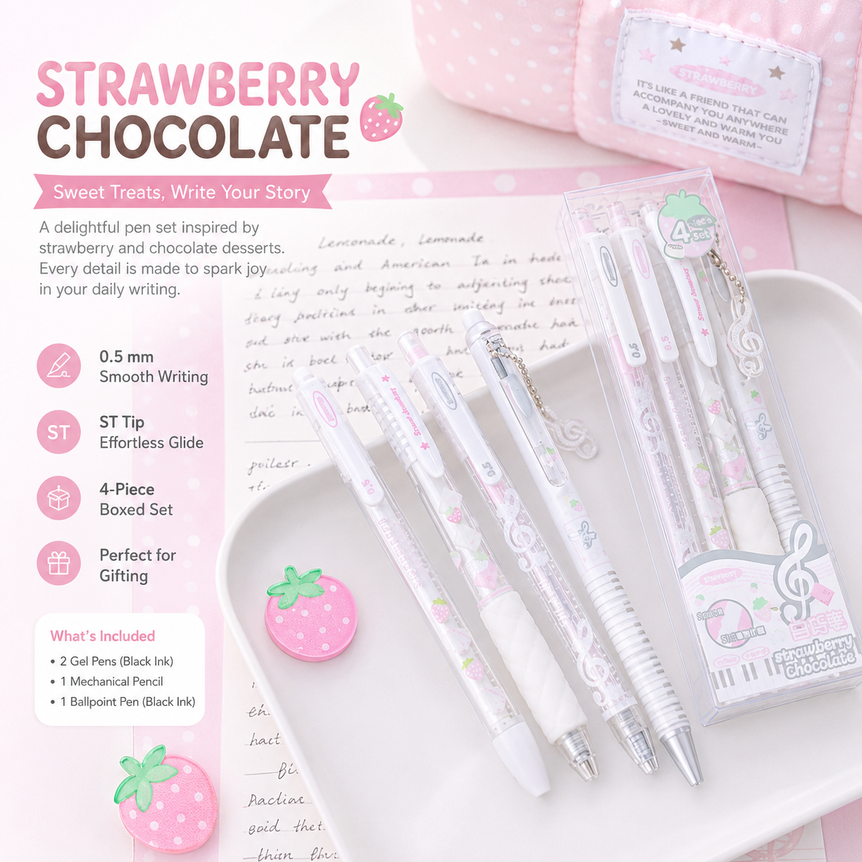 ROSYPOSY Strawberry Chocolate Melody Gel Pen Set