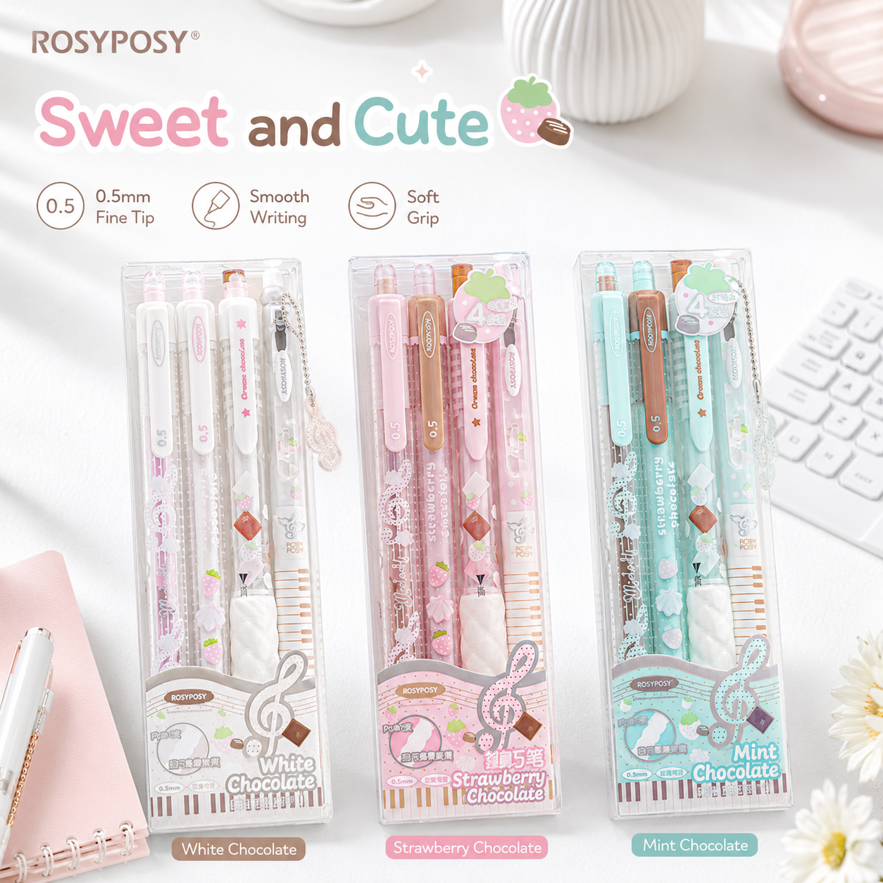 ROSYPOSY Strawberry Chocolate Melody Gel Pen Set