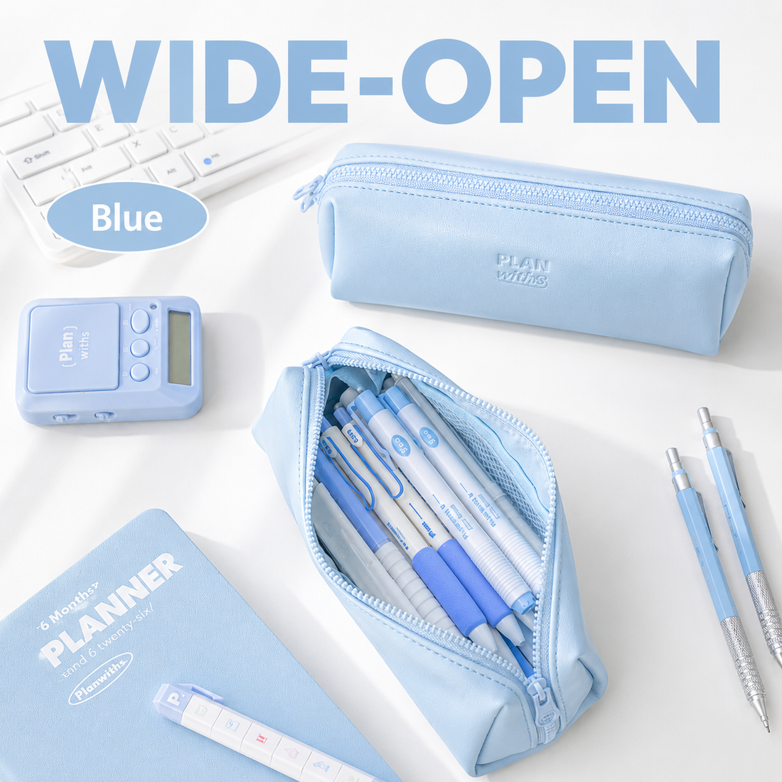 Planwith Soft PU Leather Pencil Case with Dual Zippers