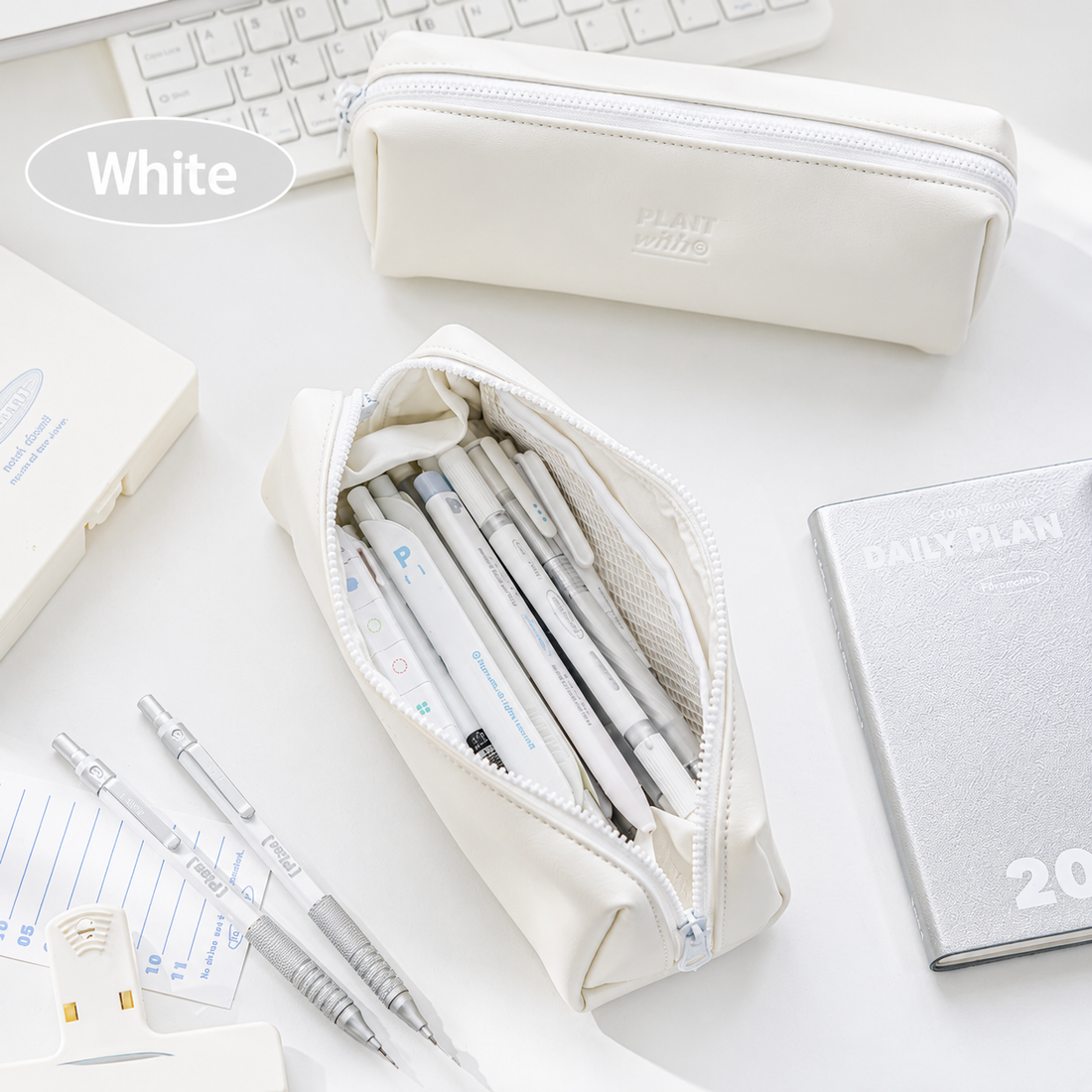 Planwith Soft PU Leather Pencil Case with Dual Zippers