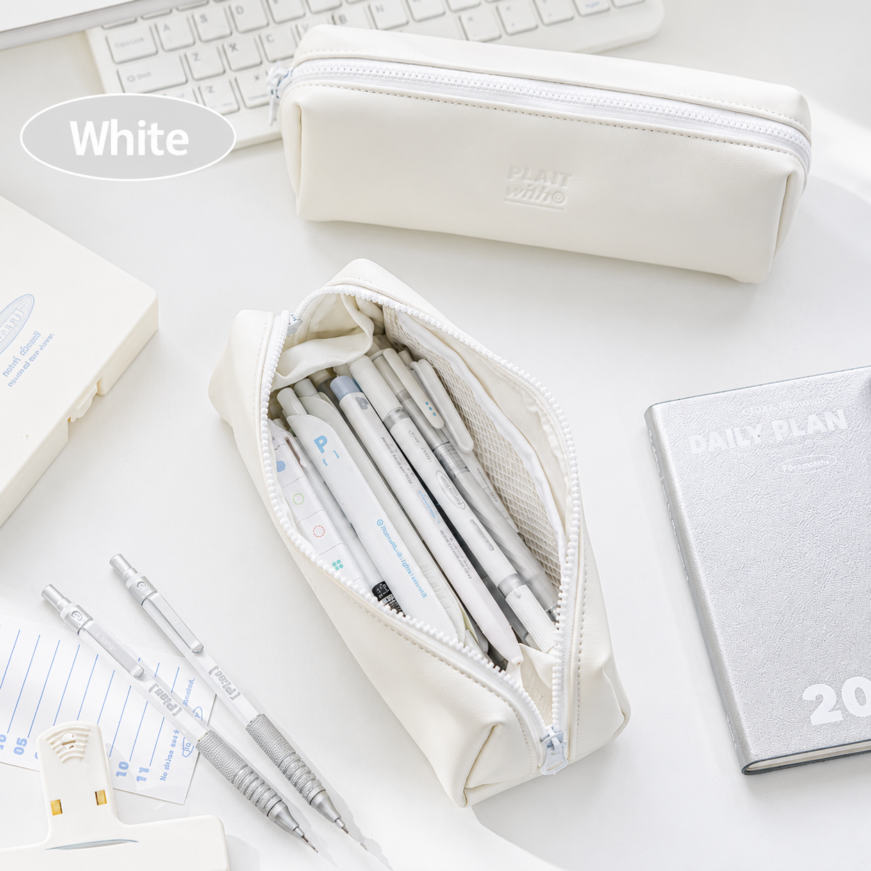 Planwith Soft PU Leather Pencil Case with Dual Zippers