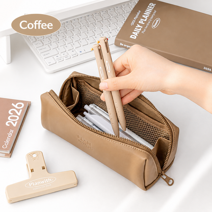Planwith Soft PU Leather Pencil Case with Dual Zippers