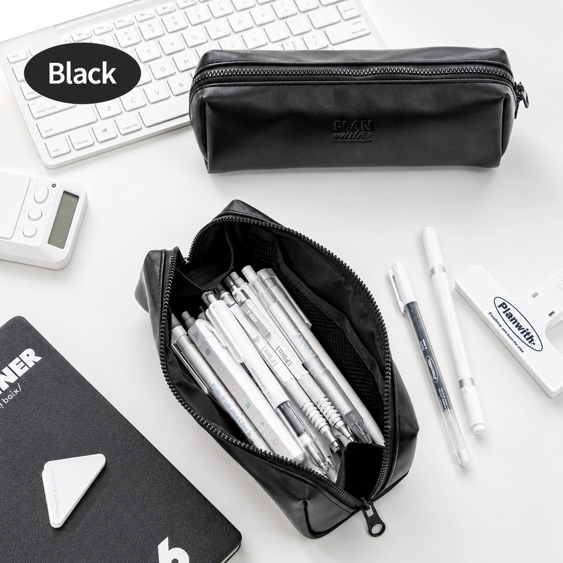 Planwith Soft PU Leather Pencil Case with Dual Zippers