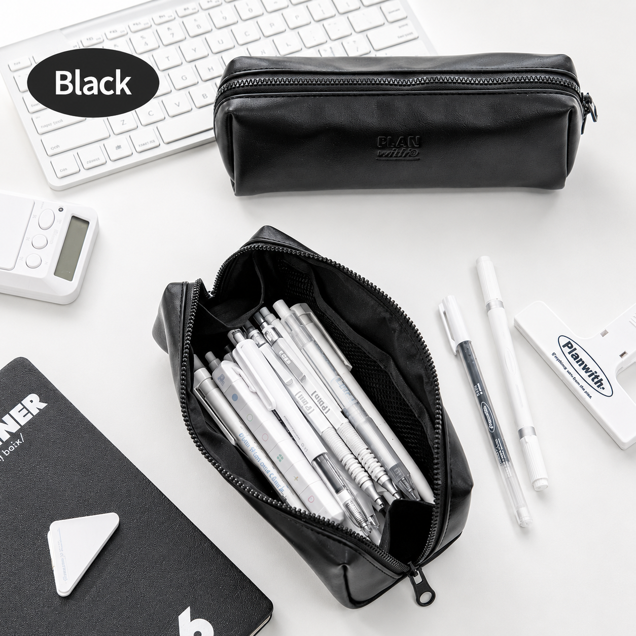 Planwith Soft PU Leather Pencil Case with Dual Zippers