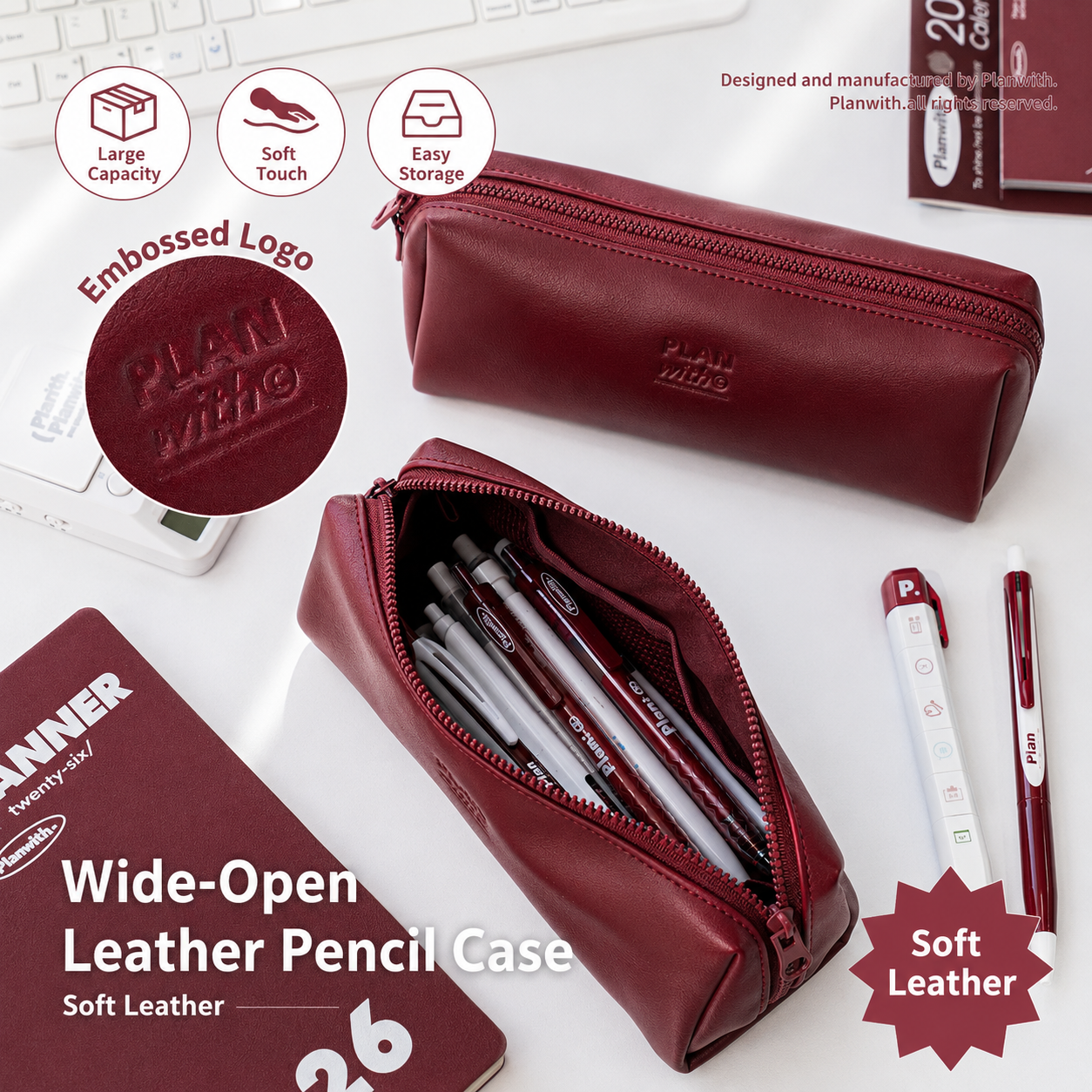 Planwith Soft PU Leather Pencil Case with Dual Zippers