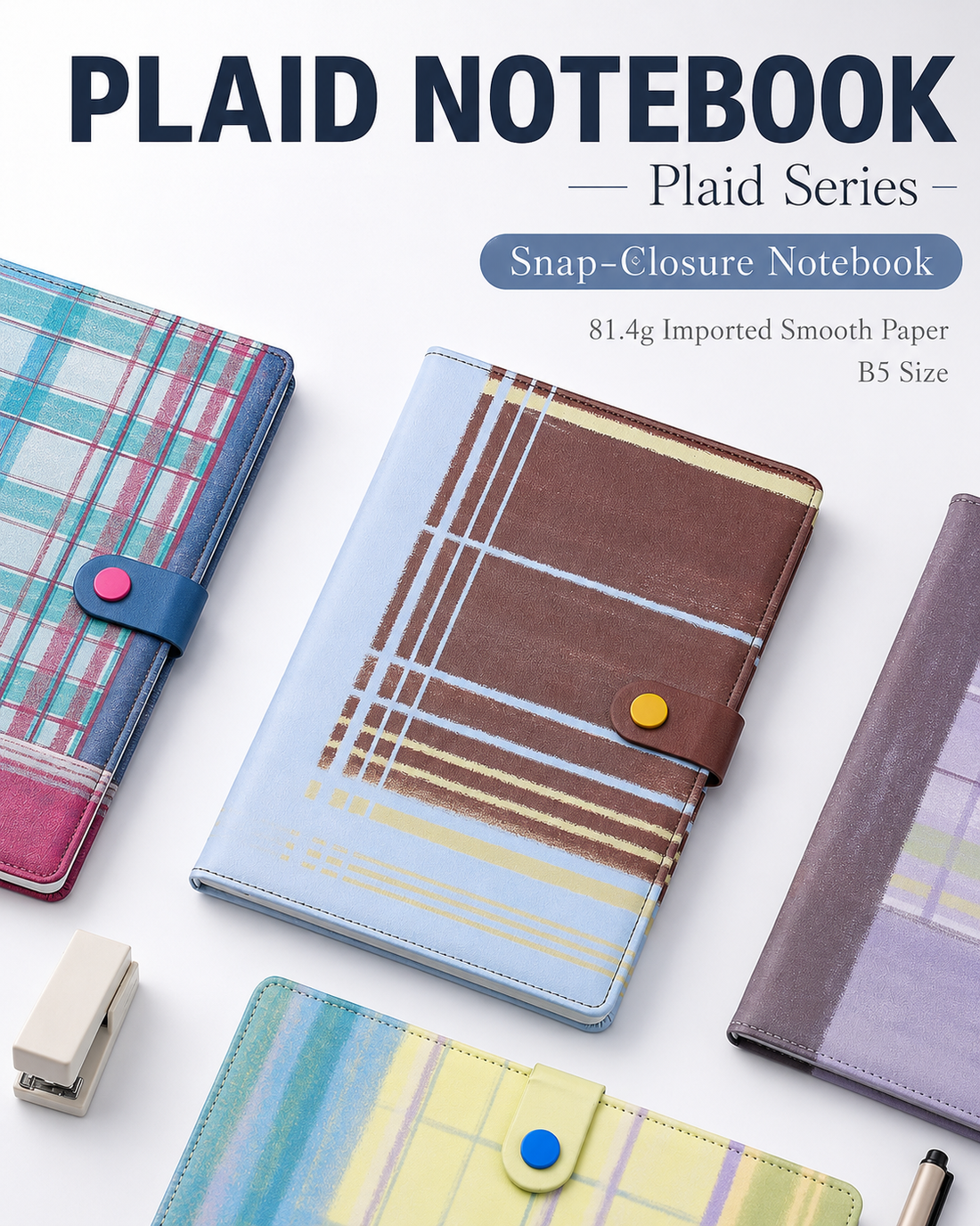 "Plaid Series" B5 Snap-Closure PU Leather Notebook by inrik - aesthetic stationery and journaling supplies at Lumiyear