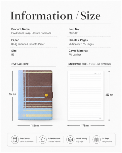 "Plaid Series" B5 Snap-Closure PU Leather Notebook