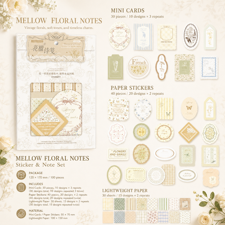 MISSTIME Floral Rhyme Poetry Vintage Material Paper Pack (100 Psc)