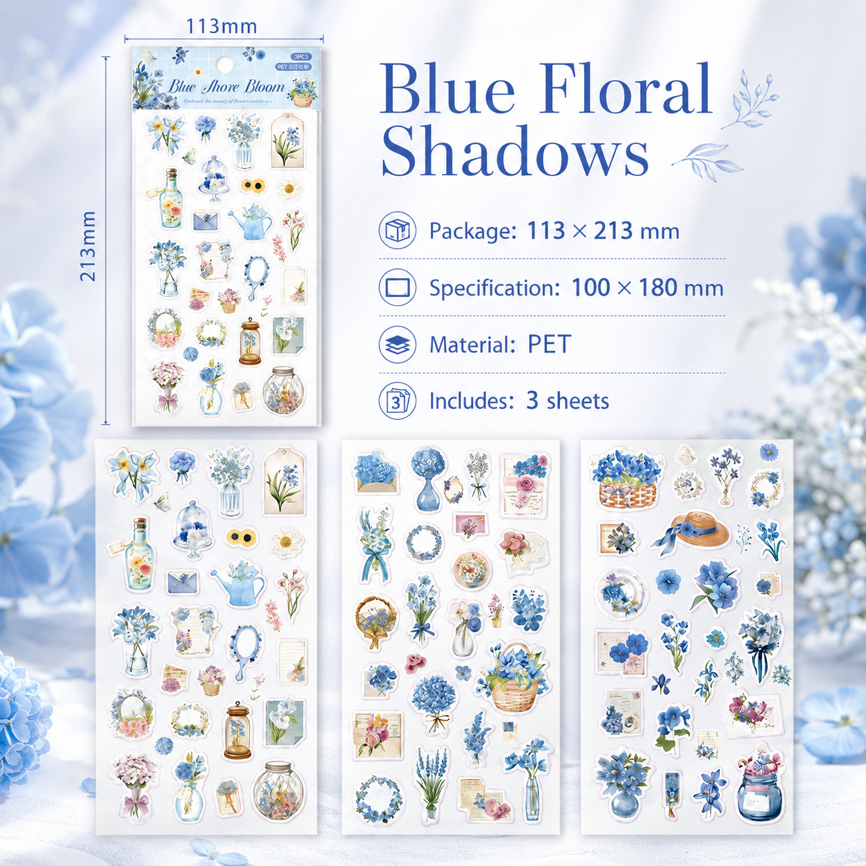 Wandering Blossom PET Floral Sticker Pack (3 Sheets)