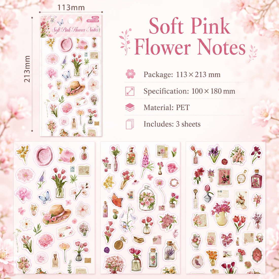 Wandering Blossom PET Floral Sticker Pack (3 Sheets)