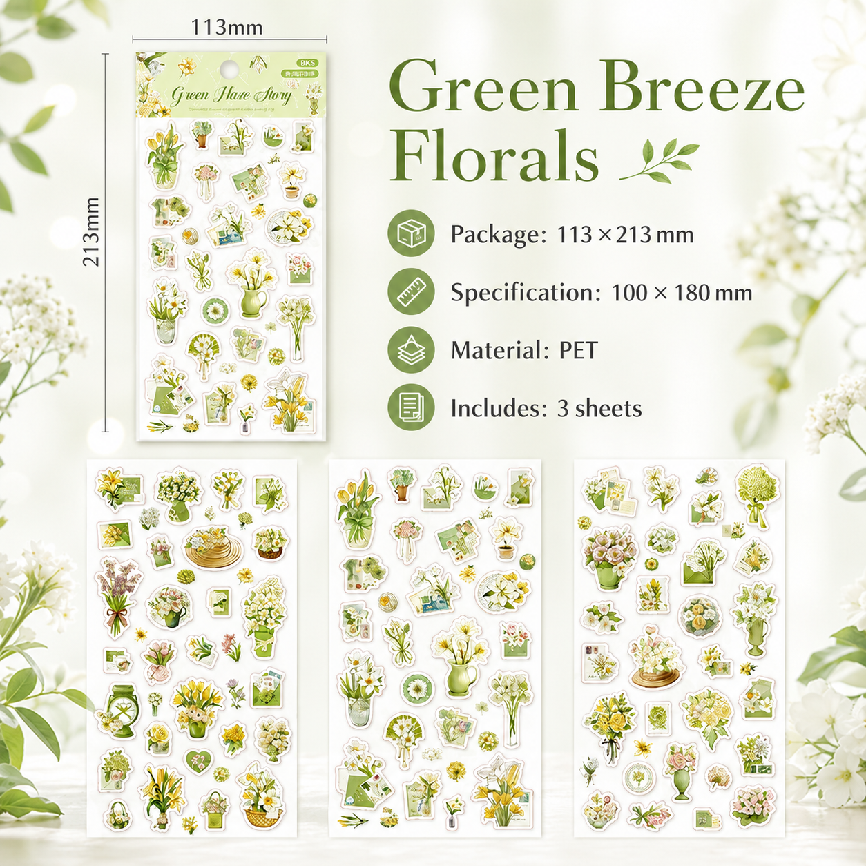 Wandering Blossom PET Floral Sticker Pack (3 Sheets)