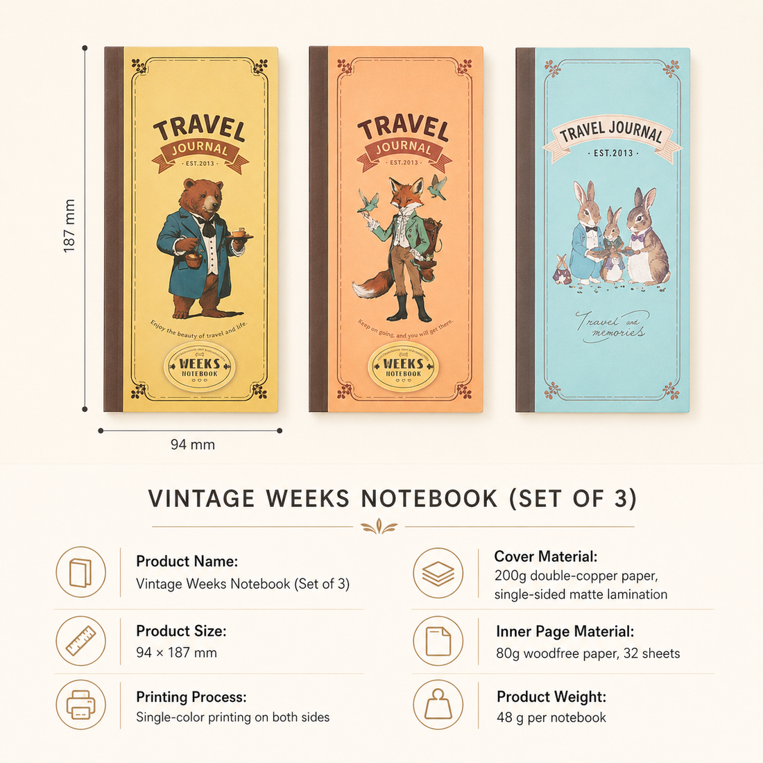 "Vintage Tales" Weeks Travel Journal (Set of 3) by ledai - aesthetic stationery and journaling supplies at Lumiyear