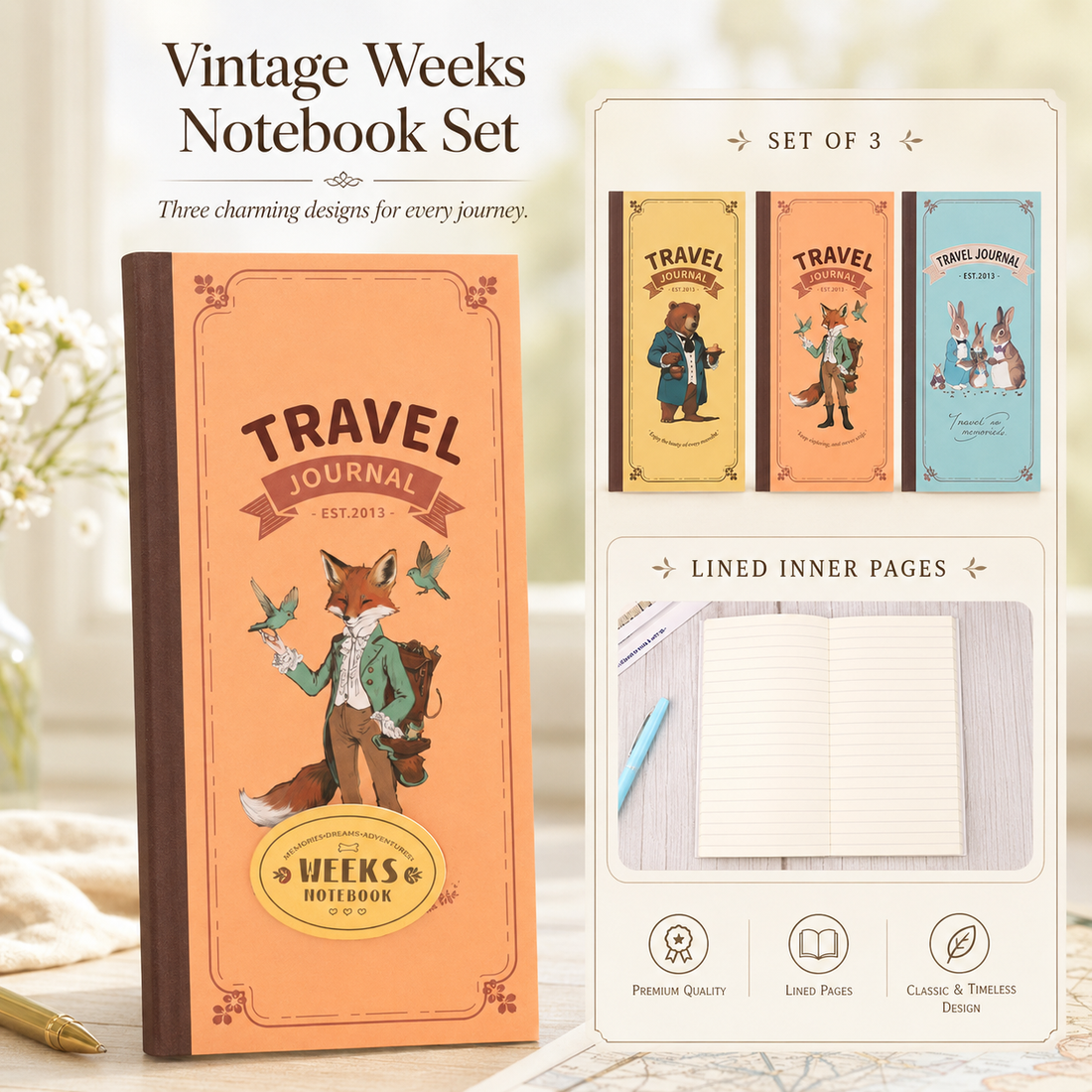 "Vintage Tales" Weeks Travel Journal (Set of 3) by ledai - aesthetic stationery and journaling supplies at Lumiyear
