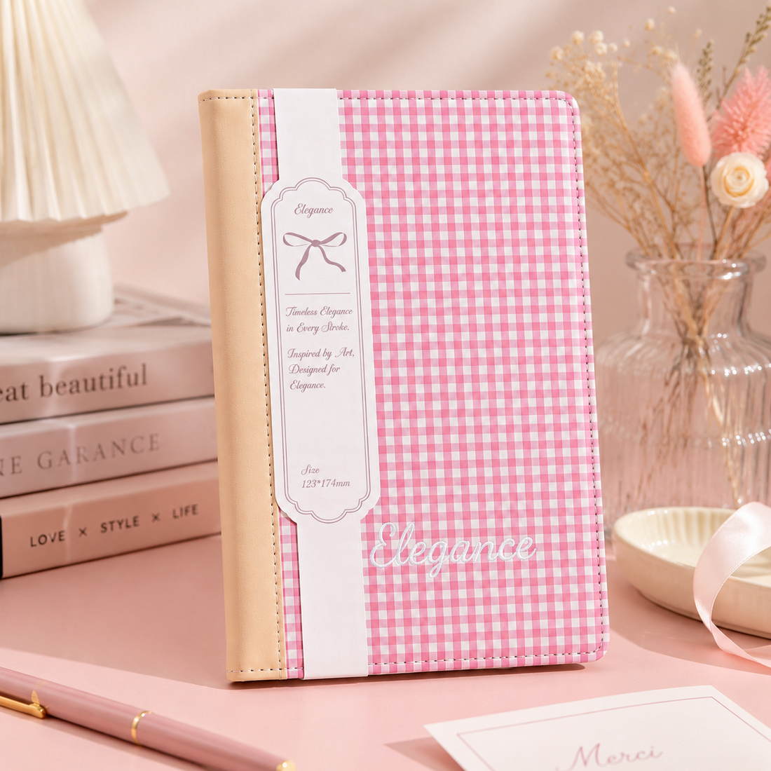 "Elegance Stitching" B6 Plaid Fabric & Leather Journal by ledai - aesthetic stationery and journaling supplies at Lumiyear
