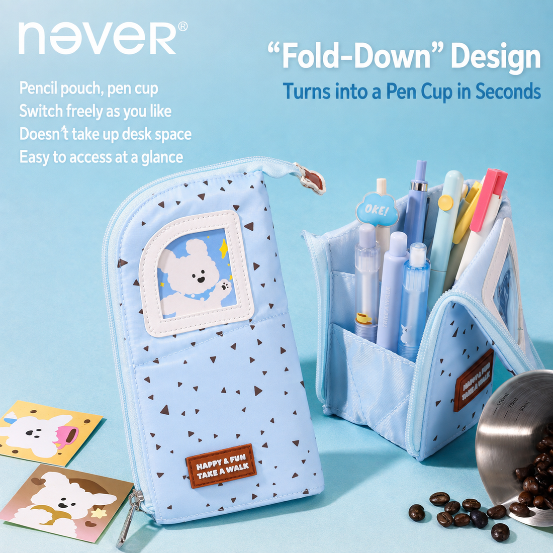Coffee Puppy Standing Pencil Pouch 2-in-1 Fold-Down Pen Cup