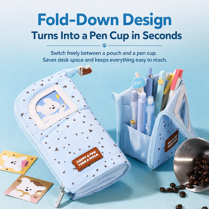 Coffee Puppy Standing Pencil Pouch 2-in-1 Fold-Down Pen Cup